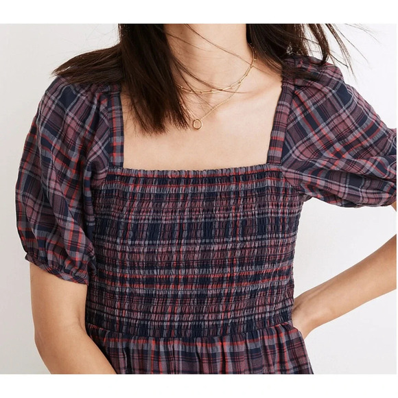 Madewell Lucie Puff-Sleeve Smocked Mini Dress in Rockfern Plaid Sz S - Picture 4 of 10